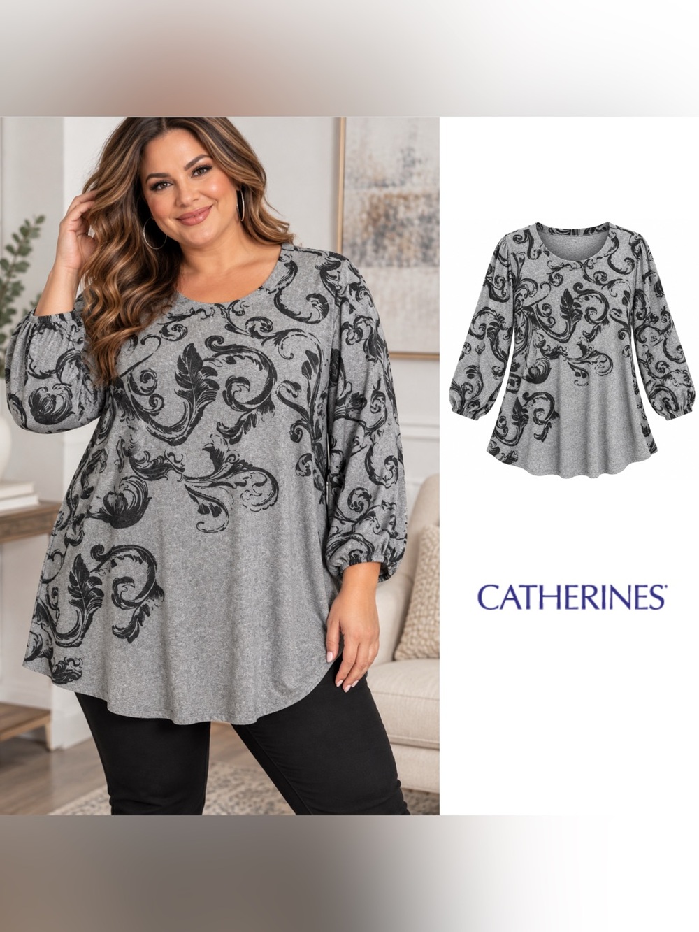 NEW Catherines Plus Size Gray Scroll Print Tunic Top